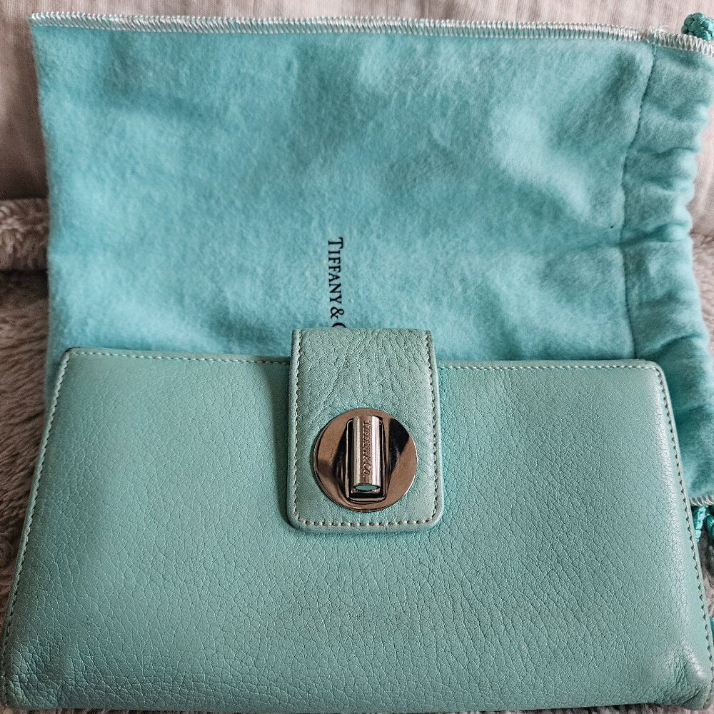 Vintage authentic tiffany&co blue turnlock double sided wallet
